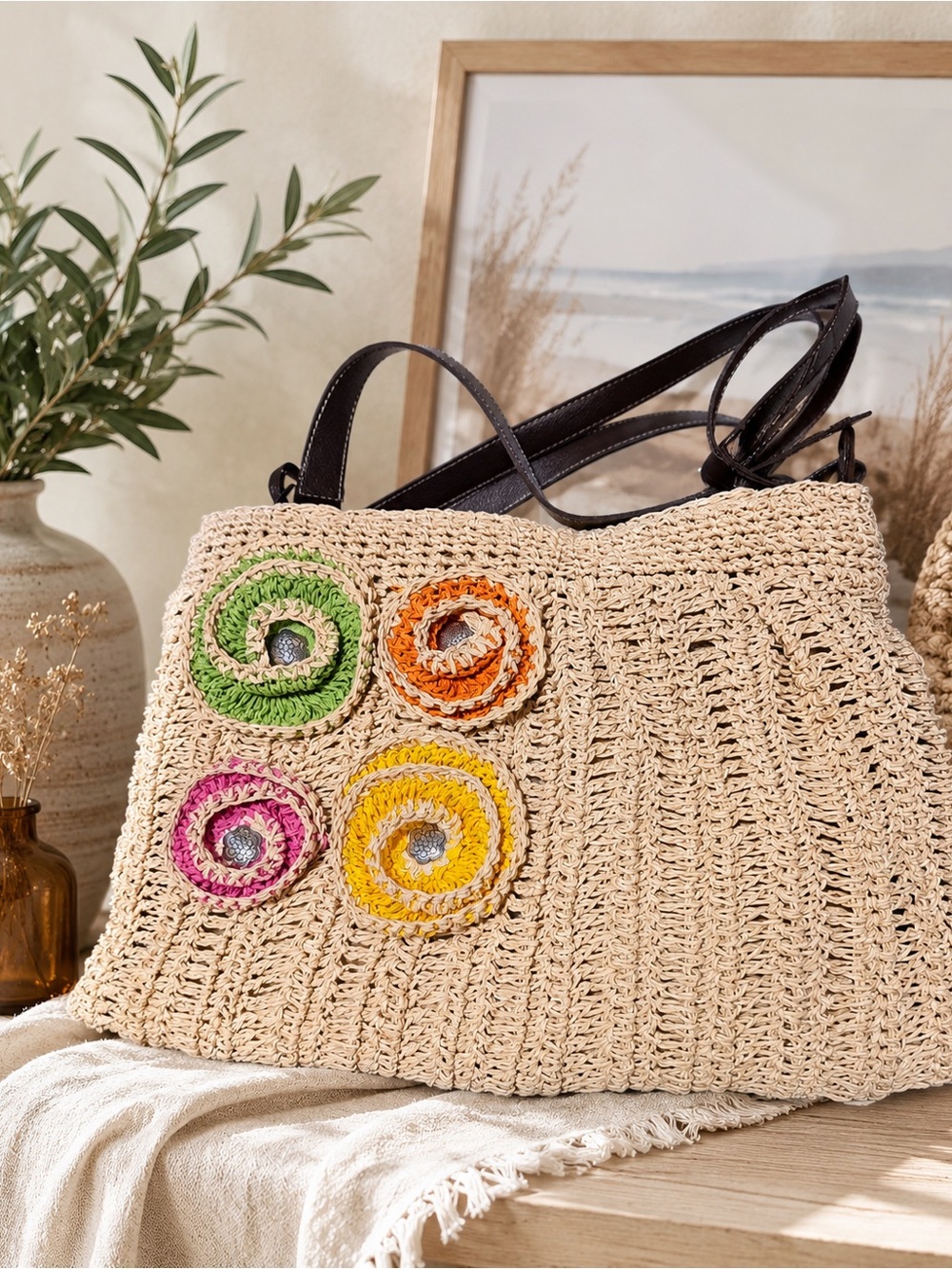 New Brighton Woven Straw Tote Bag with Colorful Crochet Flower Accents
